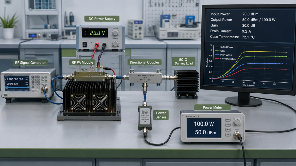 Hot-state RF PA test measuring input power, output power, gain, drain current, and case temperature with a 50-ohm dummy load