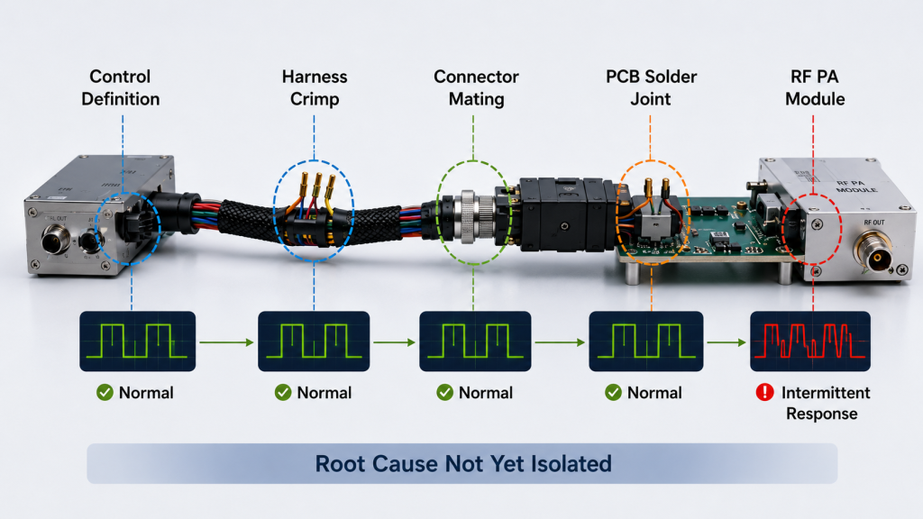 Control definition, harness crimp, connector mating, and PCB solder-joint checks used to isolate an intermittent RF PA interface fault