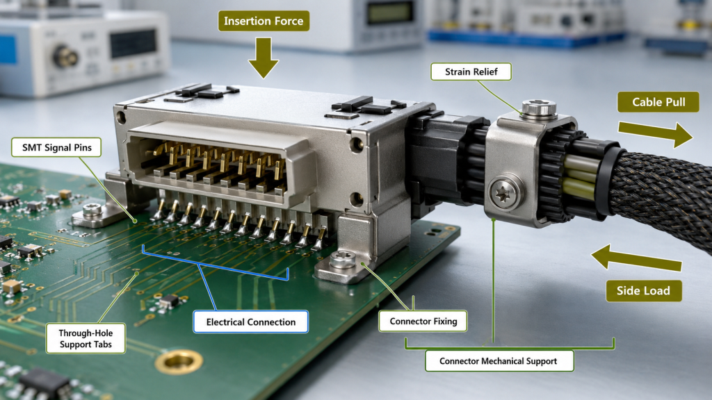 RF PA connector showing SMT signal pins, through-hole support tabs, mechanical fixing, strain relief, and applied connector loads