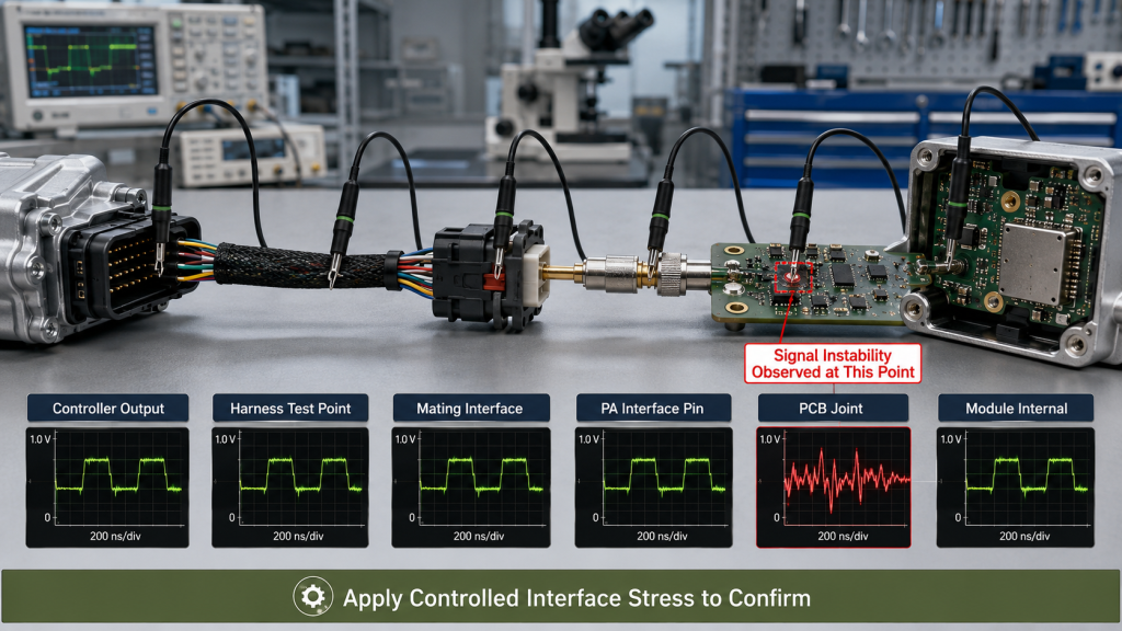 RF PA control-path test points used to locate signal instability without assuming the PCB solder joint is the root cause