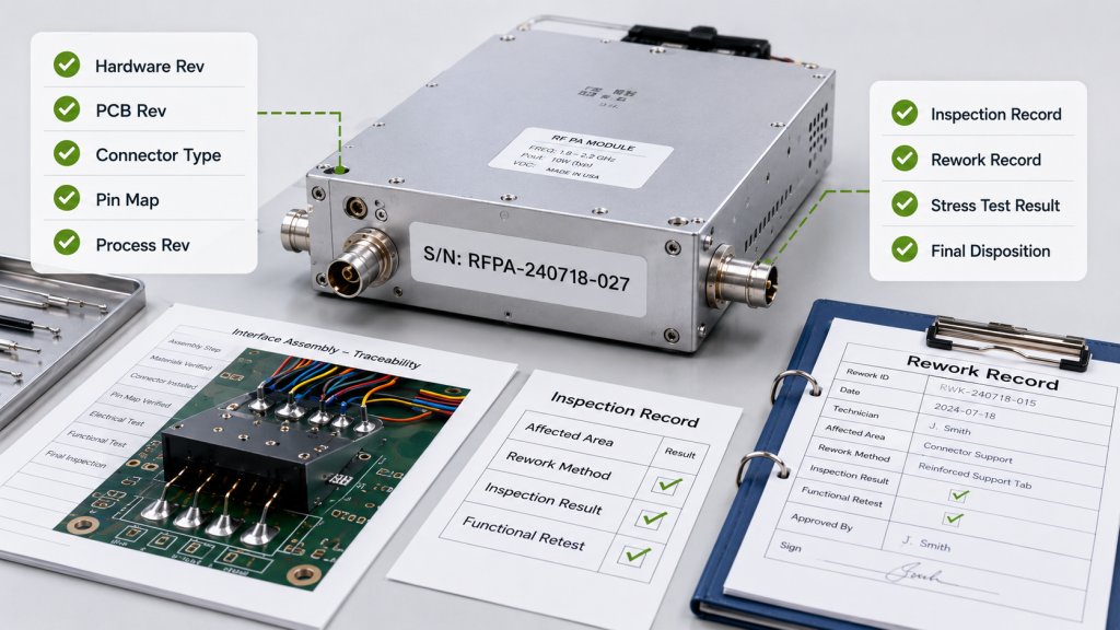 RF PA module records linking hardware revision, PCB revision, connector type, process revision, rework, stress testing, and serial number