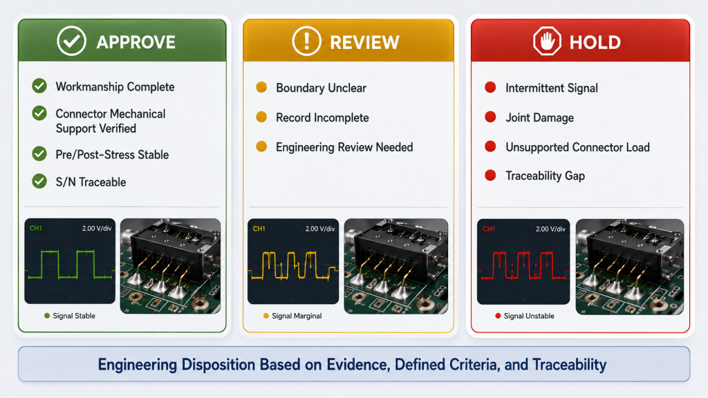 RF PA interface acceptance criteria for Approve, Review, or Hold based on workmanship, mechanical support, signal stability, and traceability
