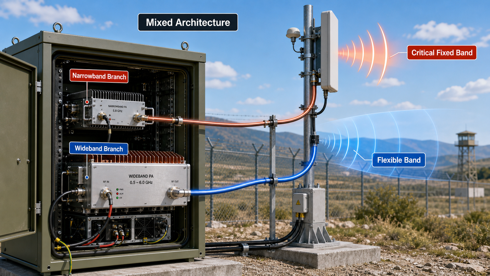 Mixed wideband and narrowband RF architecture for C-UAS frequency coverage