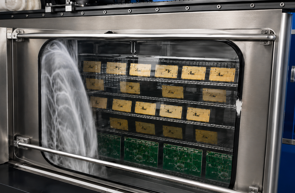 Engineer cleaning and inspecting an RF PA PCBA before selective conformal coating application