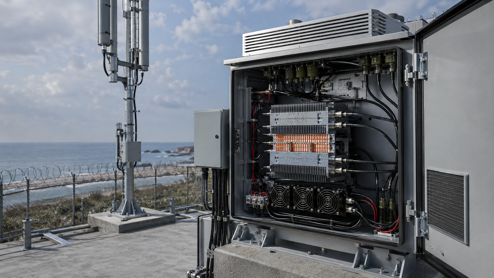 Outdoor C-UAS cabinet showing RF PA modules, cooling fans, DC cabling, and antenna path for drone jammer module burnout risk review.