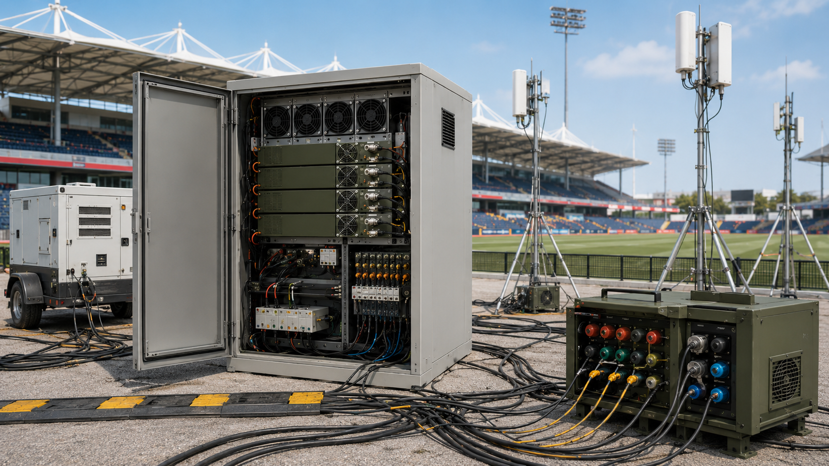 RF PA startup current alarm review in a temporary venue C-UAS cabinet with multiple RF power amplifier modules and 28 V DC distribution