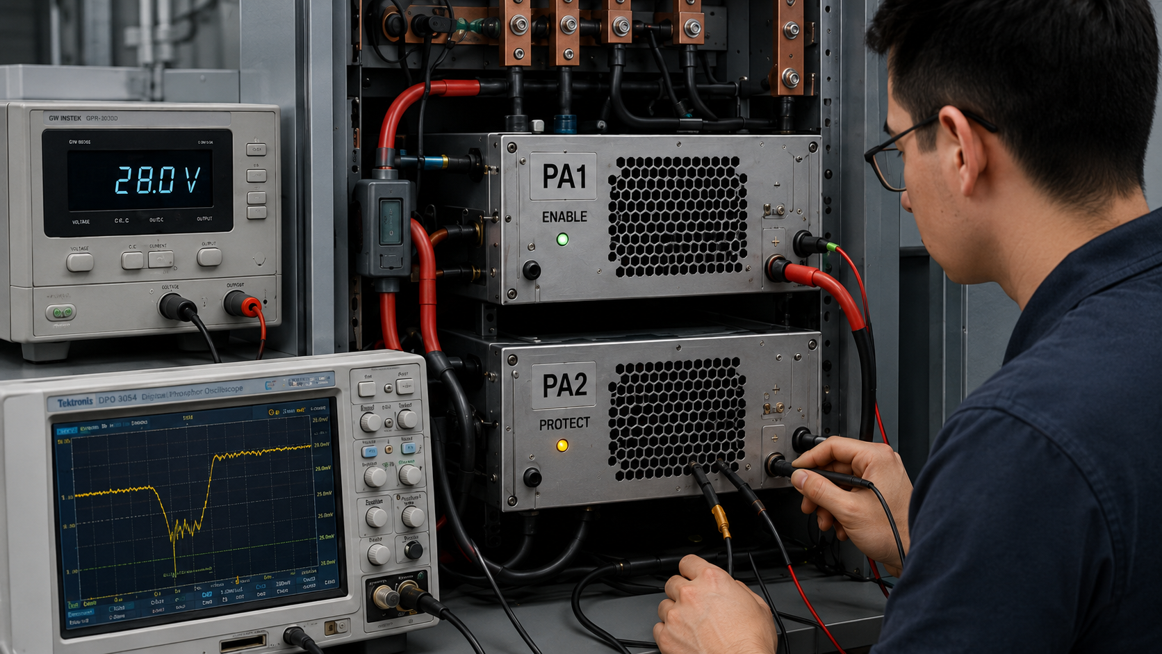 Multi-PA cabinet showing a 28.0 V source reading while PA2 enters protection during a shared DC bus disturbance