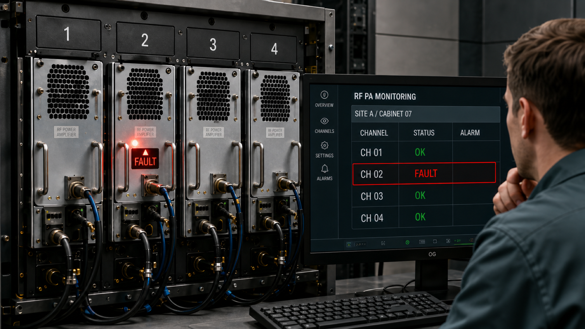 Multi-module RF PA cabinet with a monitoring dashboard showing a channel-specific fault used to verify correct RF PA status feedback mapping.