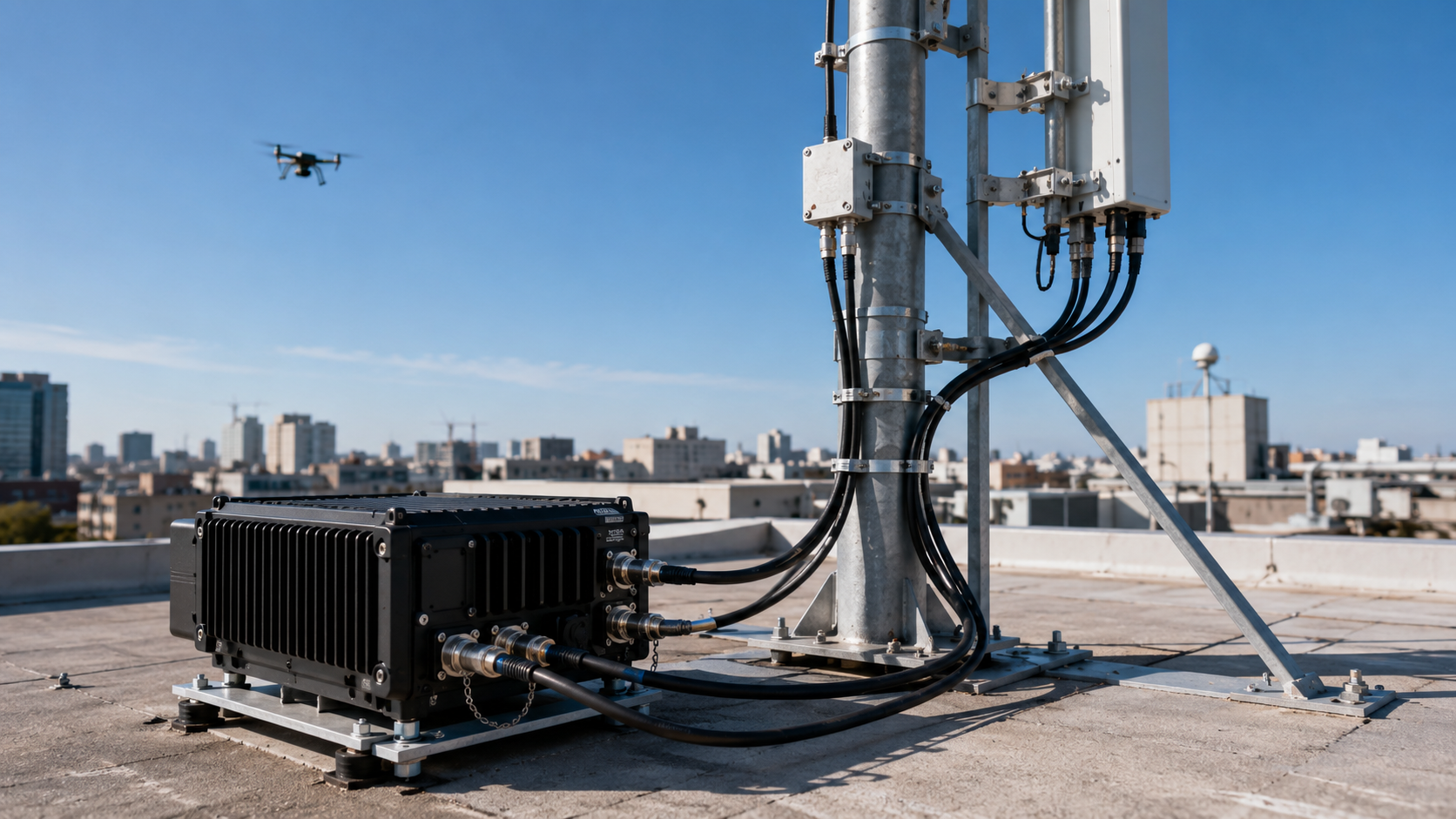 Installed RF power amplifier and antenna feed system illustrating a high-frequency RF output drop after installation
