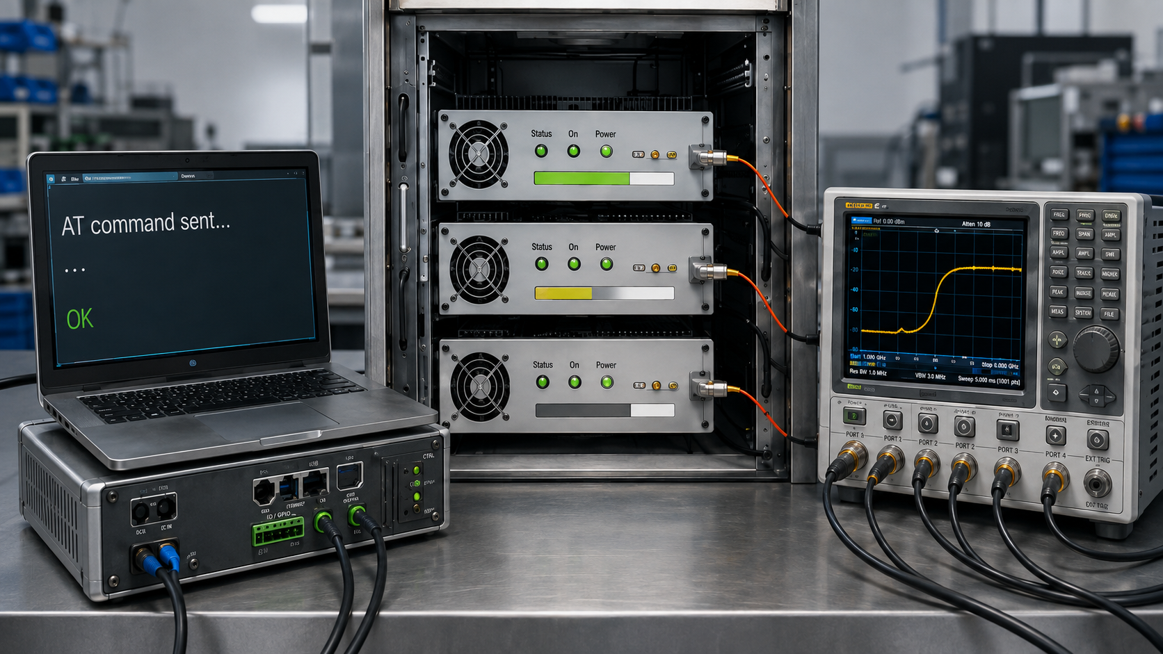 Multi-band RF PA cabinet showing AT command control, protocol response, and RF output measurement for AT command timing verification.