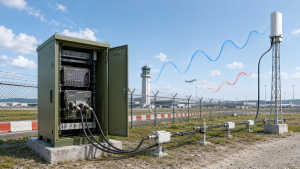 Airport perimeter C-UAS RF PA cabinet connected to antenna path showing reflected power alarm risk after installation