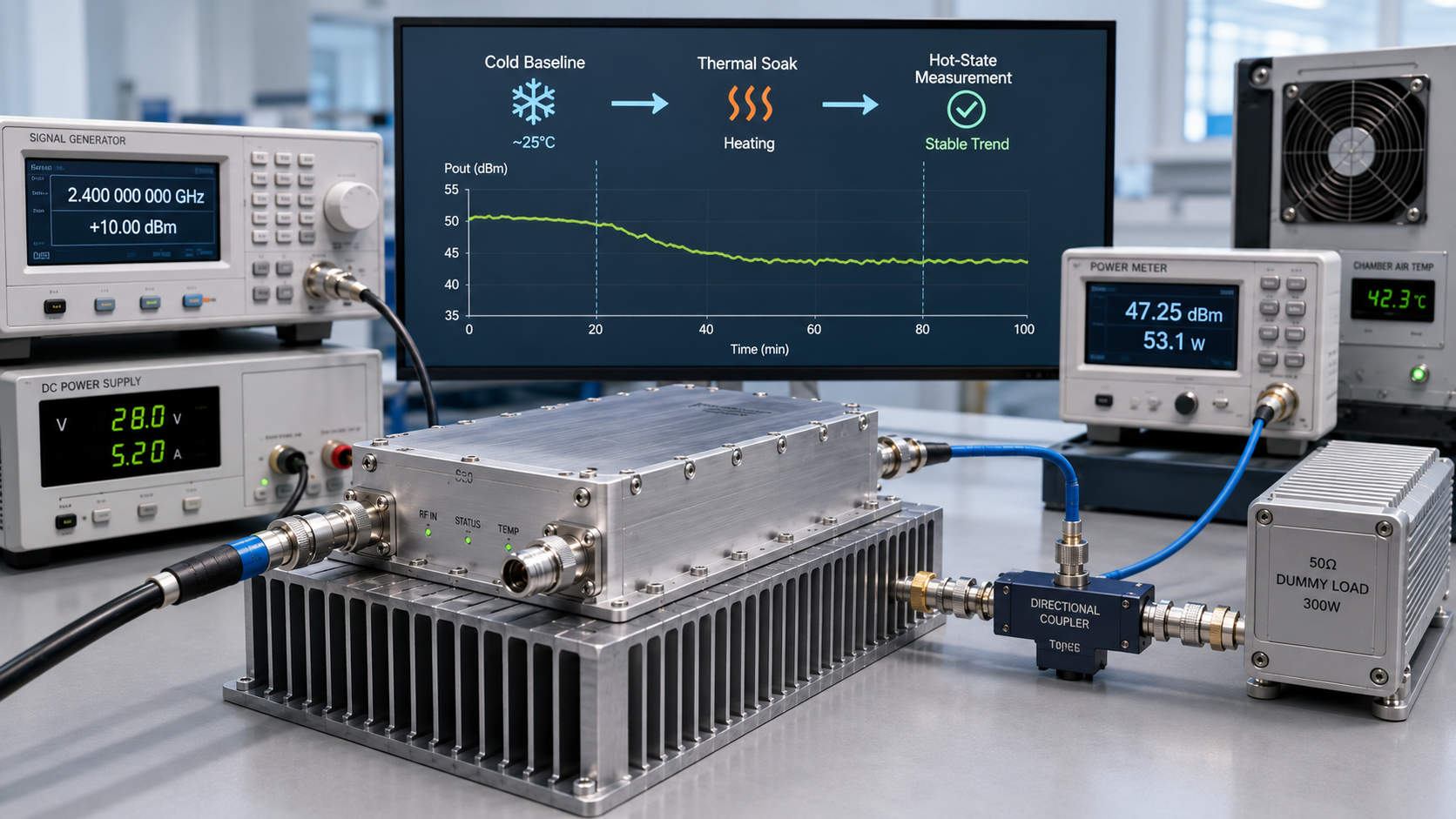 RF PA power measurement after thermal soak in a high-security C-UAS fixed-site cabinet