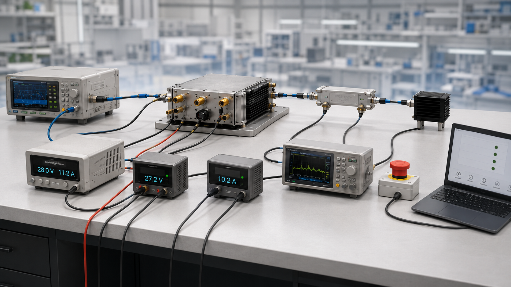 Complete RF PA protection acceptance test setup with RF source, power amplifier, directional coupler, dummy load, power meter, 28 V supply, and system status monitoring