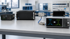 RF PA frequency switching verification setup showing a controller, power amplifier, directional coupler, RF load, attenuated sample path, and spectrum analyzer confirming the new RF state.