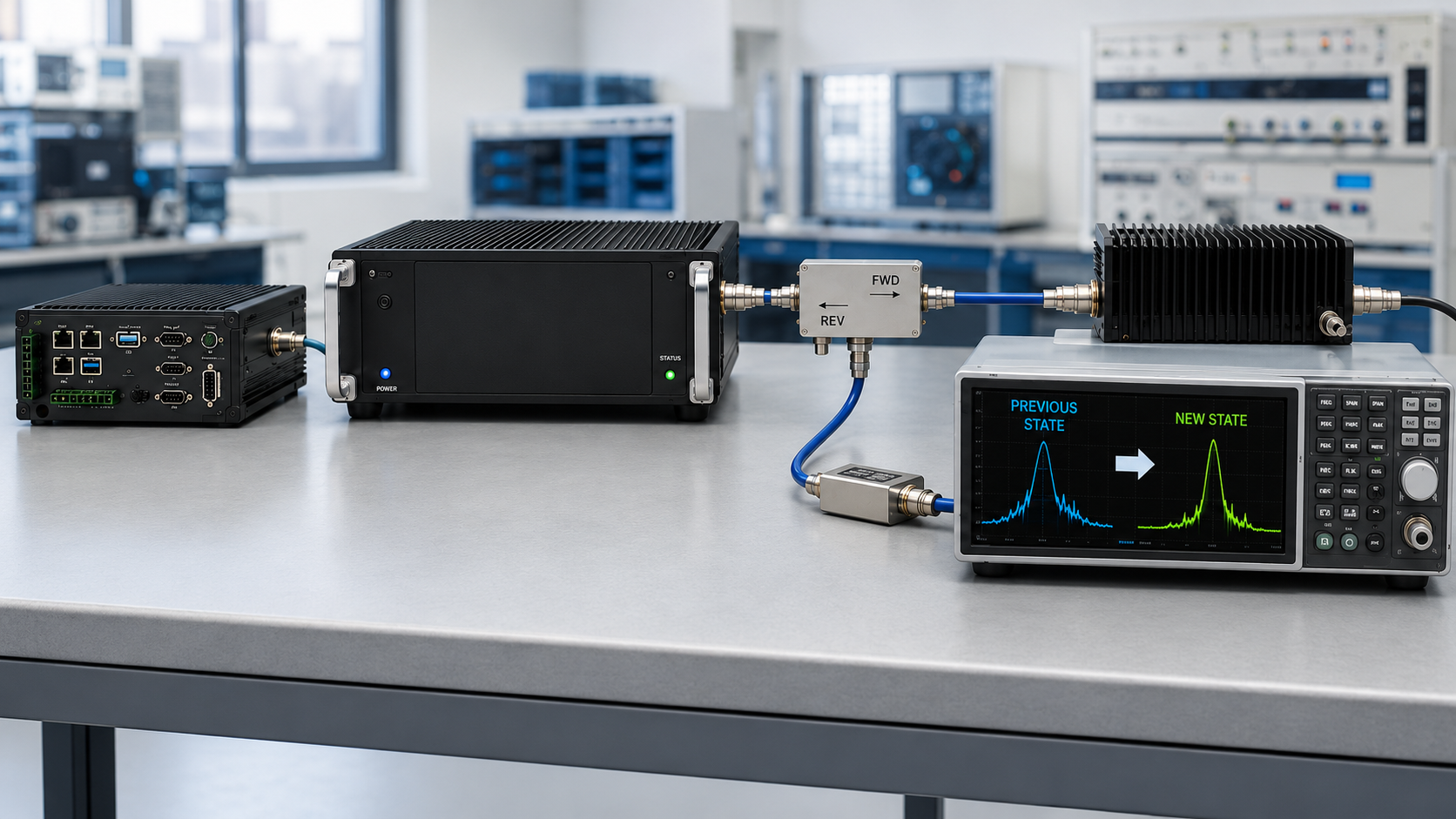 RF PA frequency switching verification setup showing a controller, power amplifier, directional coupler, RF load, attenuated sample path, and spectrum analyzer confirming the new RF state.