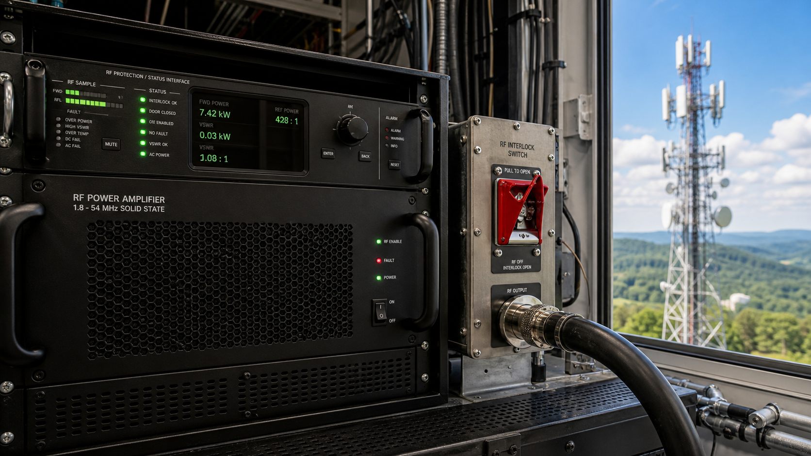 RF PA enable logic system with amplifier status, RF interlock, protection interface, and controlled RF output path