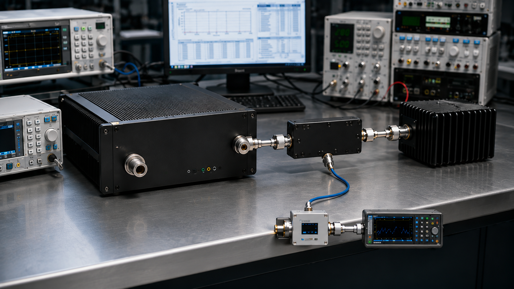 C-UAS RF power amplifier shipment test setup with directional coupler, power sensor, power meter, and qualified load for RF output power verification