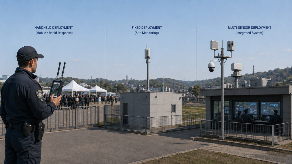 Comparison of handheld, fixed-site, and multi-sensor drone detection deployment models.