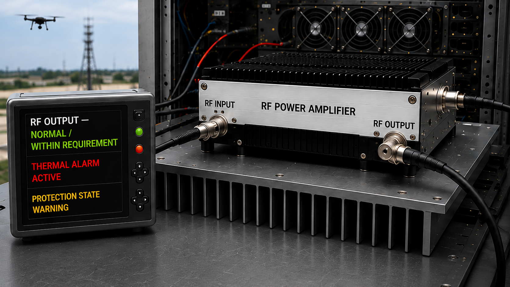 RF power amplifier in an installed system showing normal RF output while an RF PA thermal alarm is active.