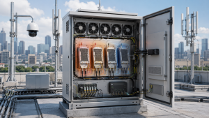 Shared heatsink thermal zoning in a fixed-site multi-PA RF cabinet with antennas and closed-cabinet cooling layout.