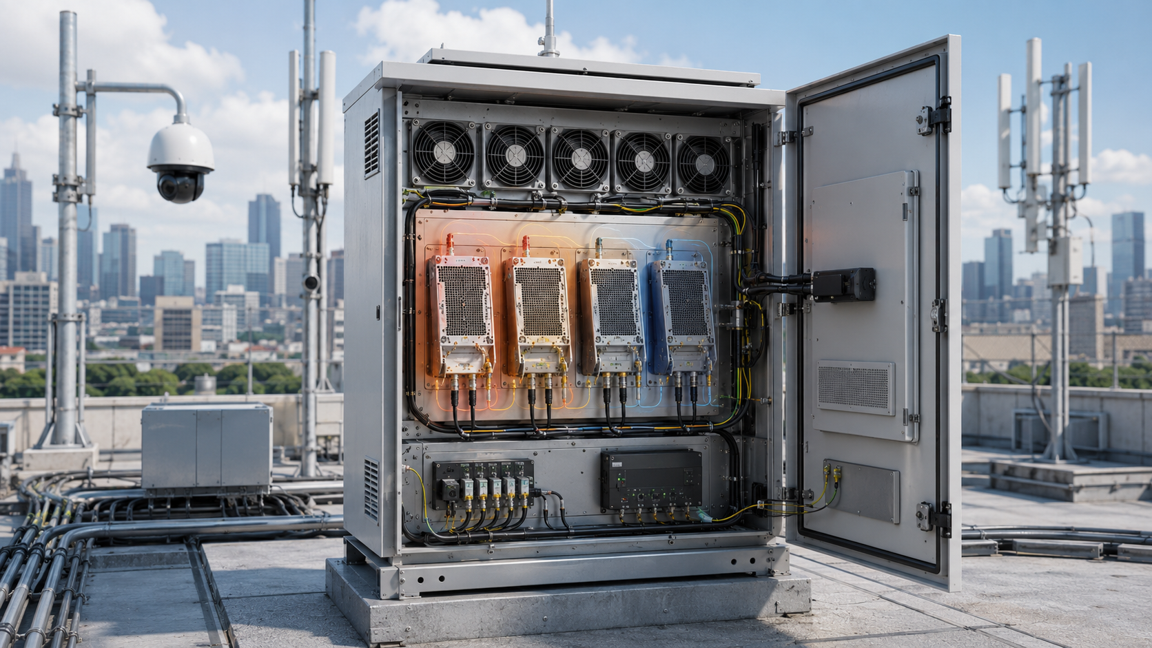 Shared heatsink thermal zoning in a fixed-site multi-PA RF cabinet with antennas and closed-cabinet cooling layout.