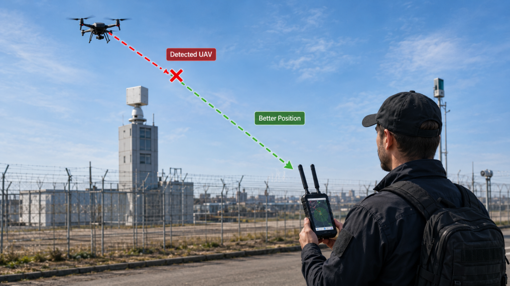 Handheld RF drone detector used by security teams for mobile patrol and temporary drone detection operations
