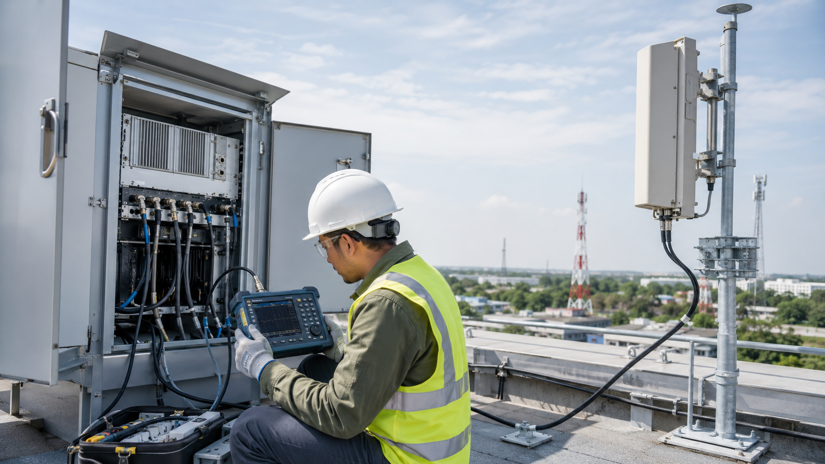 Field technician checks RF PA feeder cable loss between cabinet output and rooftop antenna before acceptance