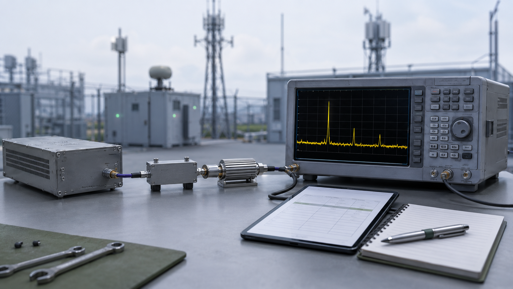 RF PA harmonic test setup with directional coupler, attenuator, spectrum analyzer, and S/N-linked report for repeatable approval evidence