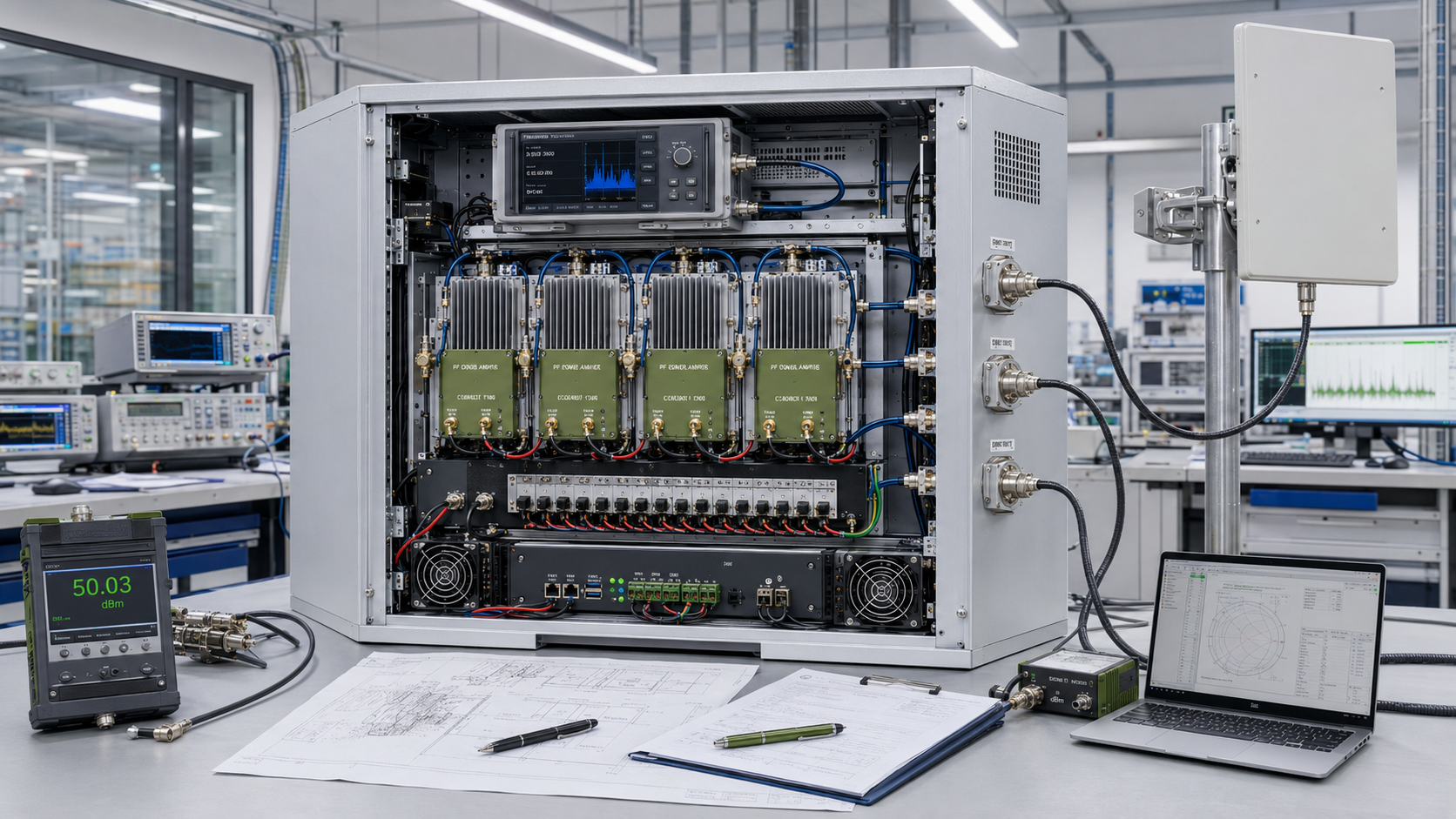 Integrated C-UAS RF chain showing an SDR signal source, RF PA modules, 28V DC distribution, cabinet RF output, feeder cable, and broadband antenna.