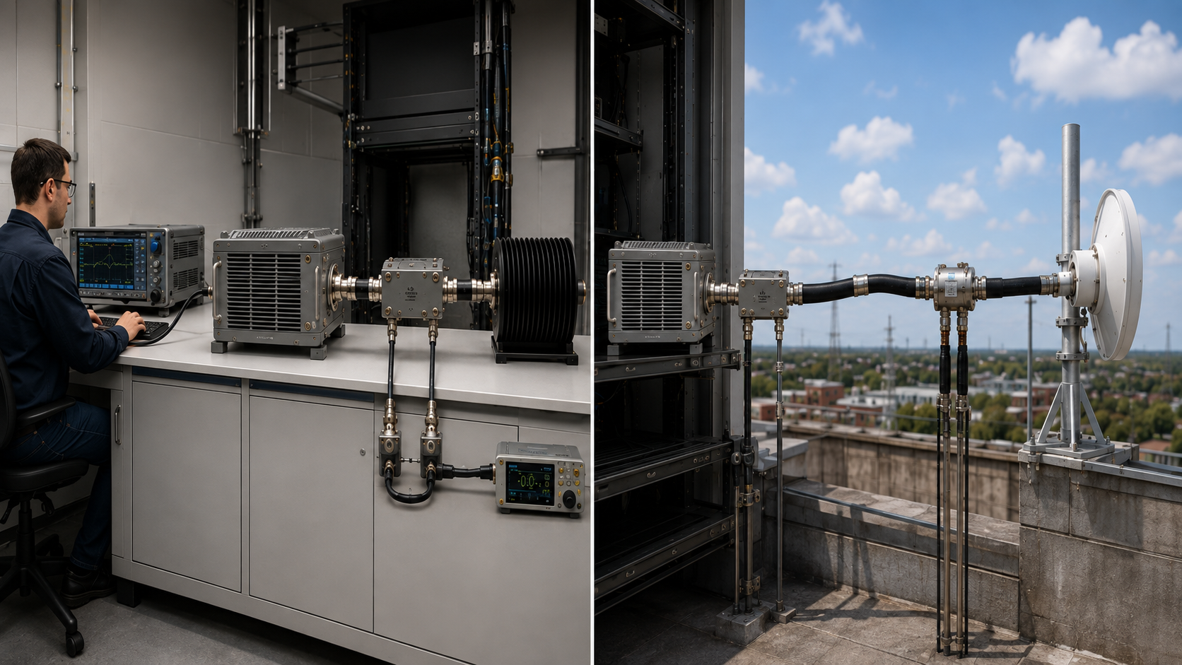 RF power amplifier shown in separate dummy-load bench testing and installed RF antenna-path testing states.