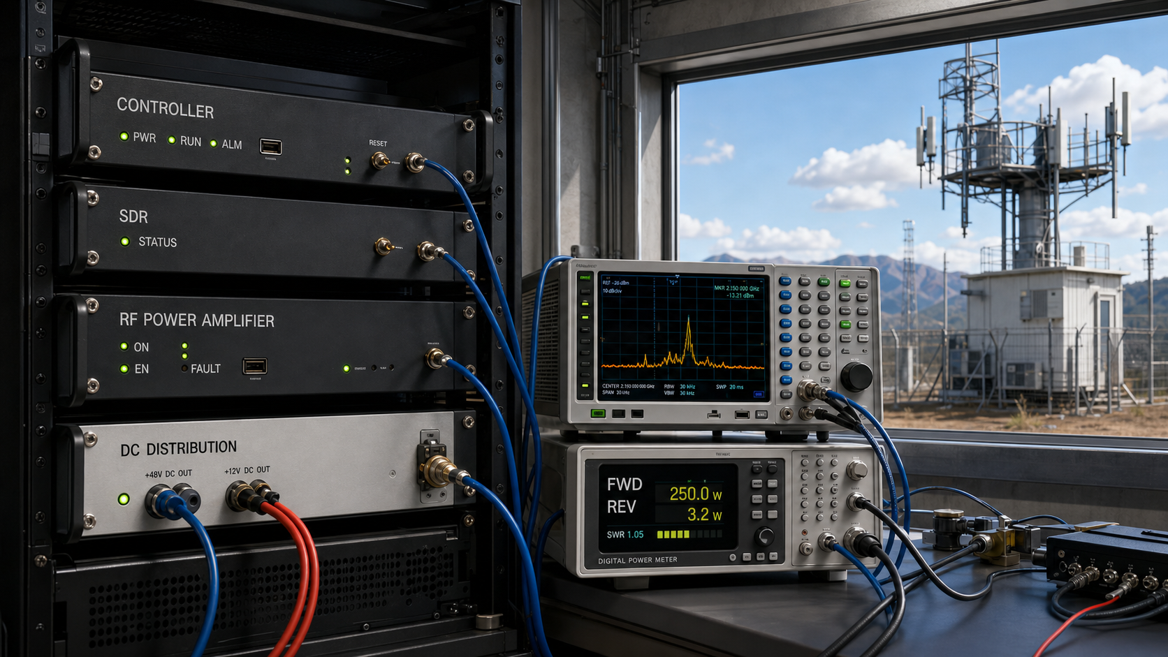 SDR-to-RF power amplifier startup test rack with forward and reflected power monitoring