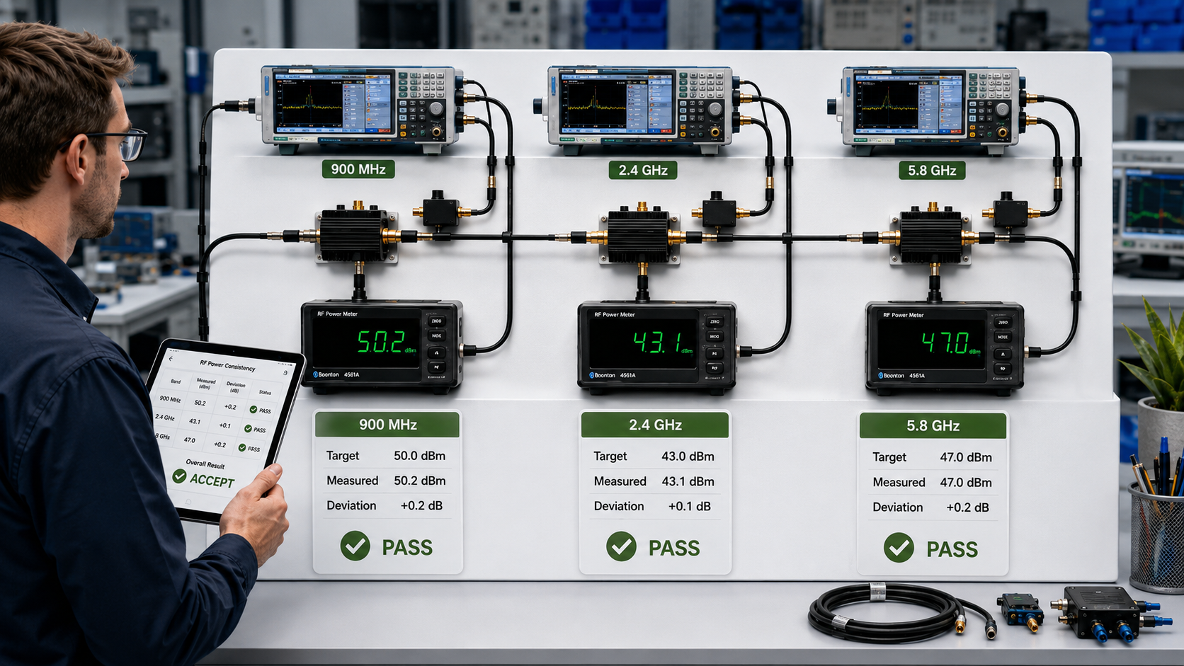 Multi-band C-UAS RF power consistency verification setup for 900 MHz, 2.4 GHz and 5.8 GHz channels
