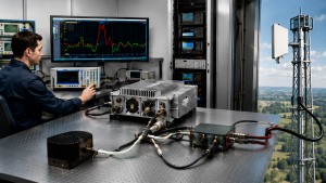 Engineer testing an RF PA module with a directional coupler, dummy load, and installed antenna path to diagnose frequency-specific VSWR.