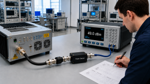 RF PA test cable loss compensation setup with a power sensor and power meter recording output power.