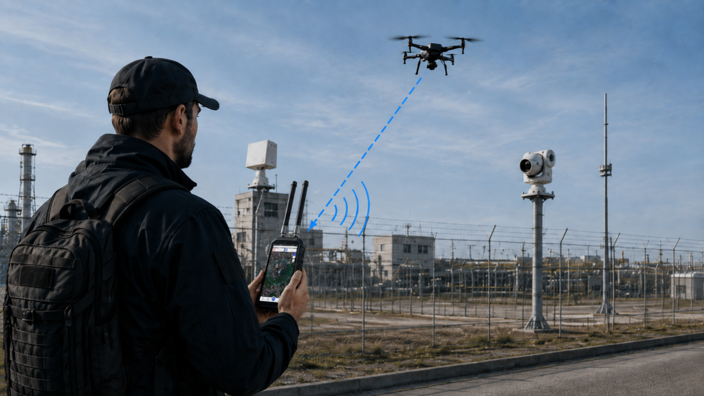 Security operator using a handheld passive RF detector to receive signals from a drone near an industrial facility.