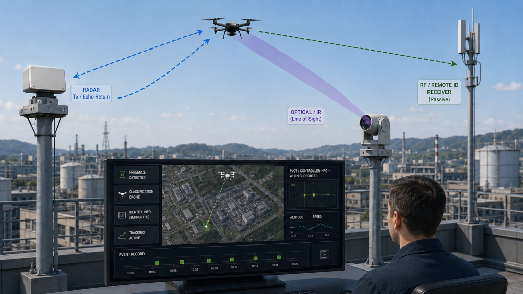 Drone detection system using radar, RF remote ID, and optical infrared sensors