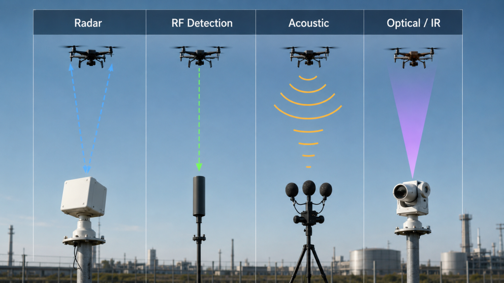 Comparison of radar, RF, acoustic, and optical or infrared methods used to detect drones.