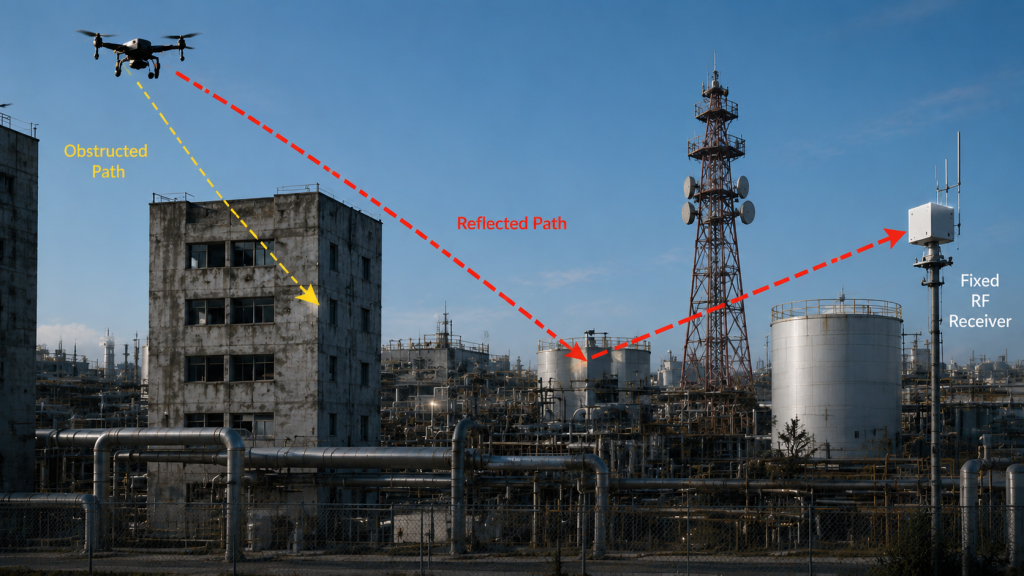 Obstructed and reflected RF signal paths between a drone and a fixed receiver in an industrial environment.