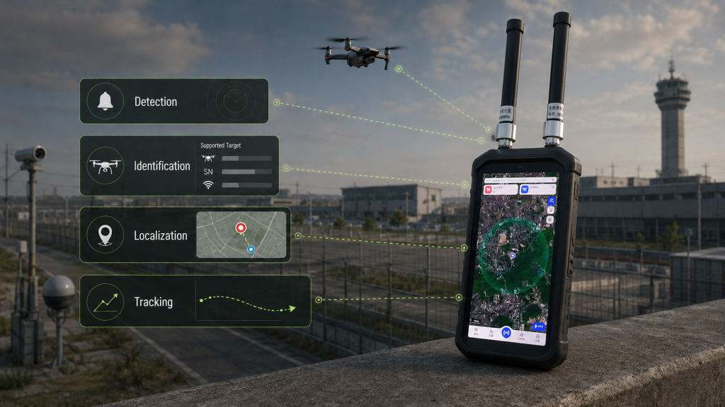 Handheld drone detector showing detection, identification, localization, and tracking functions for nearby drone monitoring