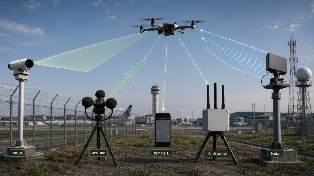 Comparison of five drone detection methods including visual observation, acoustic detection, Remote ID, RF detection, and radar