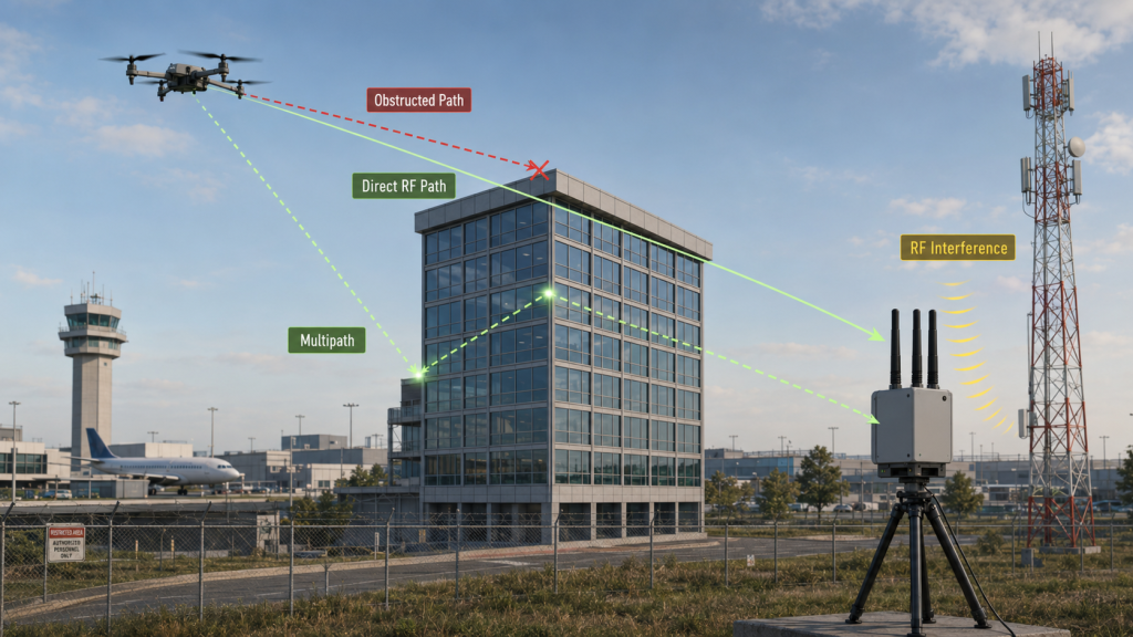RF drone detection challenges caused by obstructed paths, multipath reflection, and RF interference near a receiver