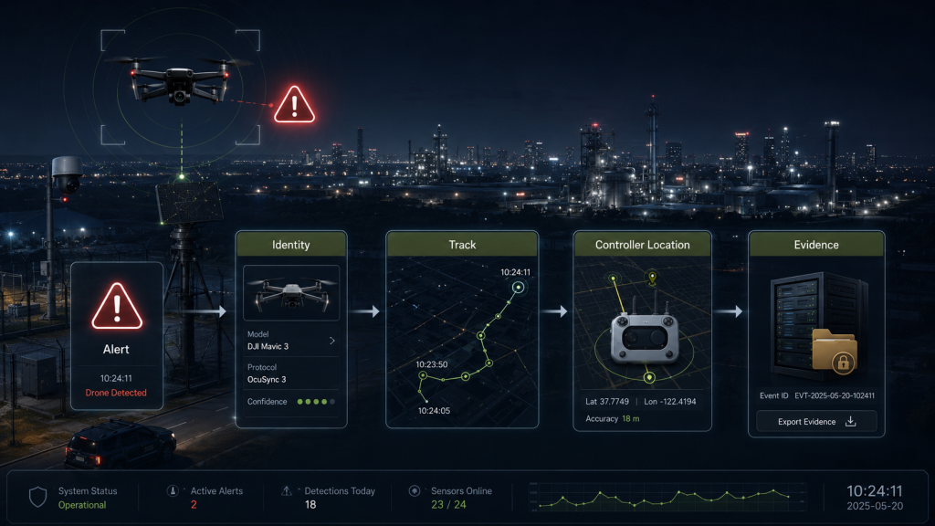 Drone detector workflow showing alert, drone identification, tracking, controller location, and evidence records