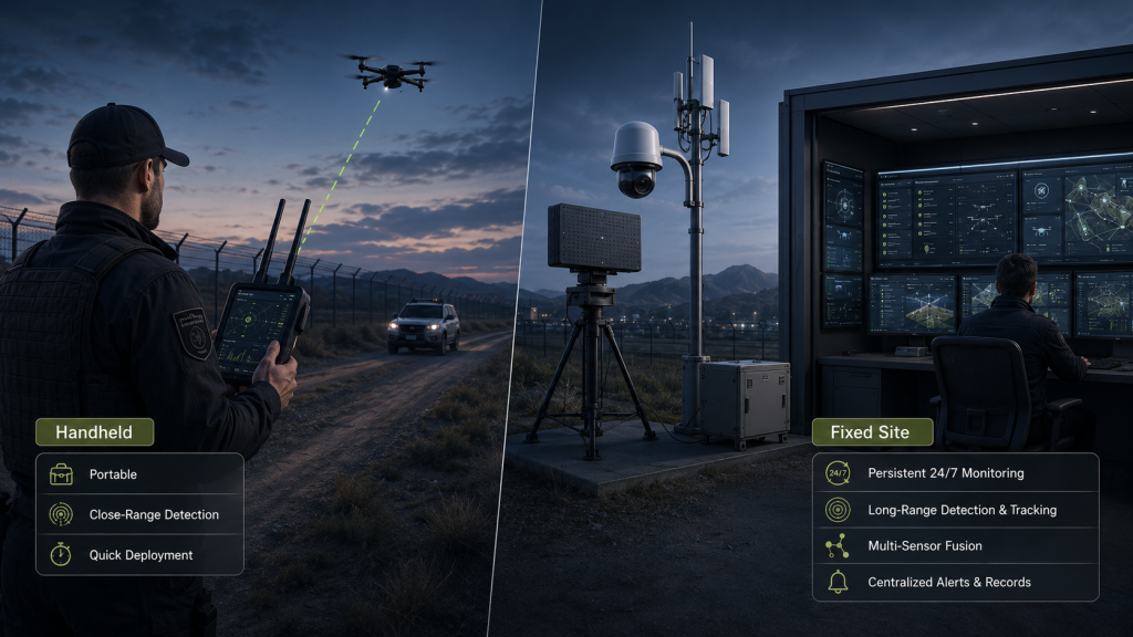 Comparison of handheld and fixed drone detection deployment for mobile patrol and permanent security sites