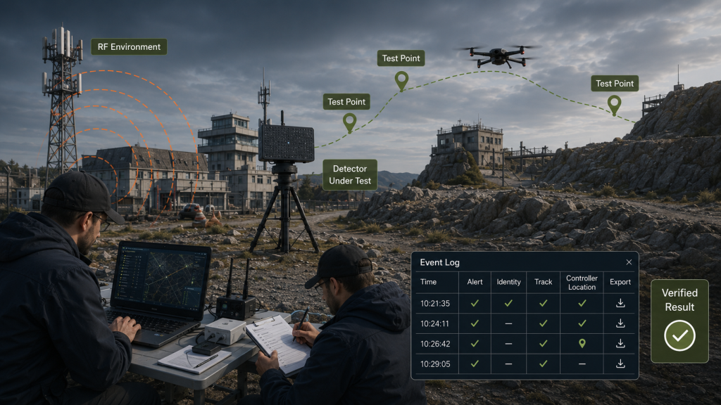 Field validation test of a drone detector with event records and verified detection results