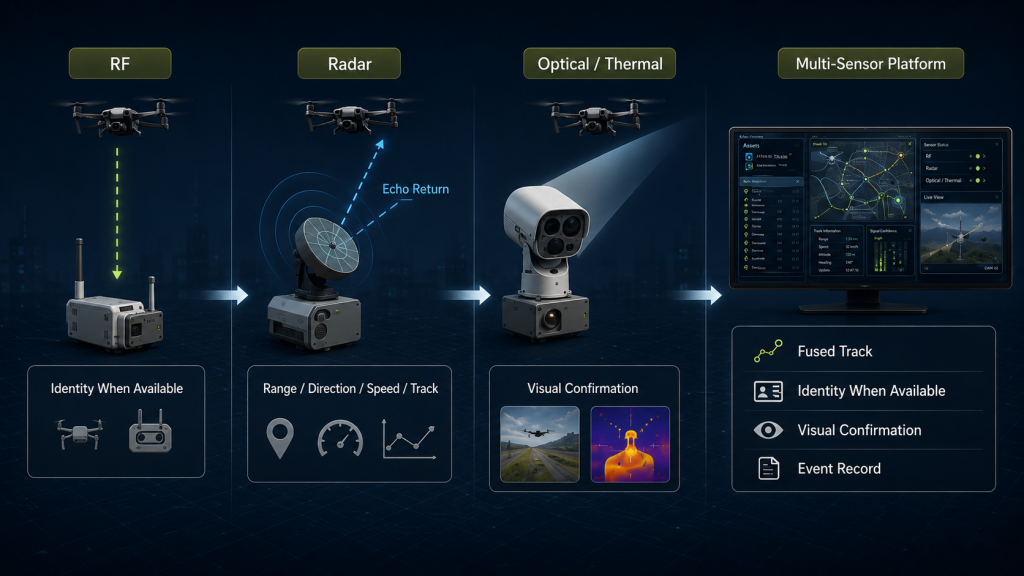 Comparison of RF, radar, optical thermal, and multi-sensor drone detection technologies