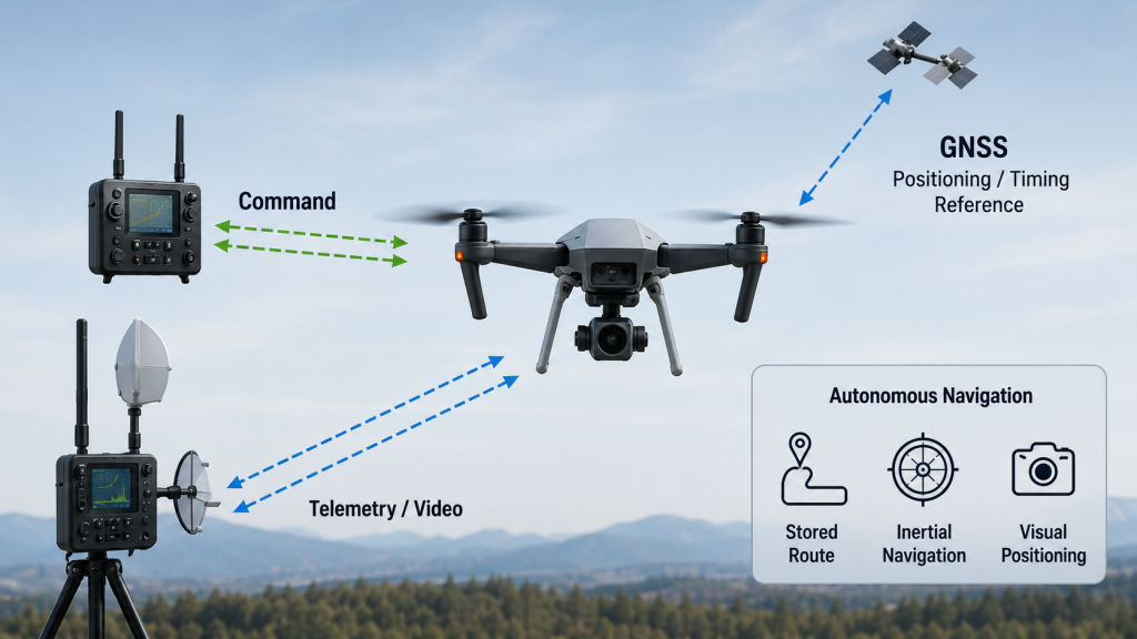 Drone signal jamming analysis showing RF communication links, command signals, telemetry, and navigation paths