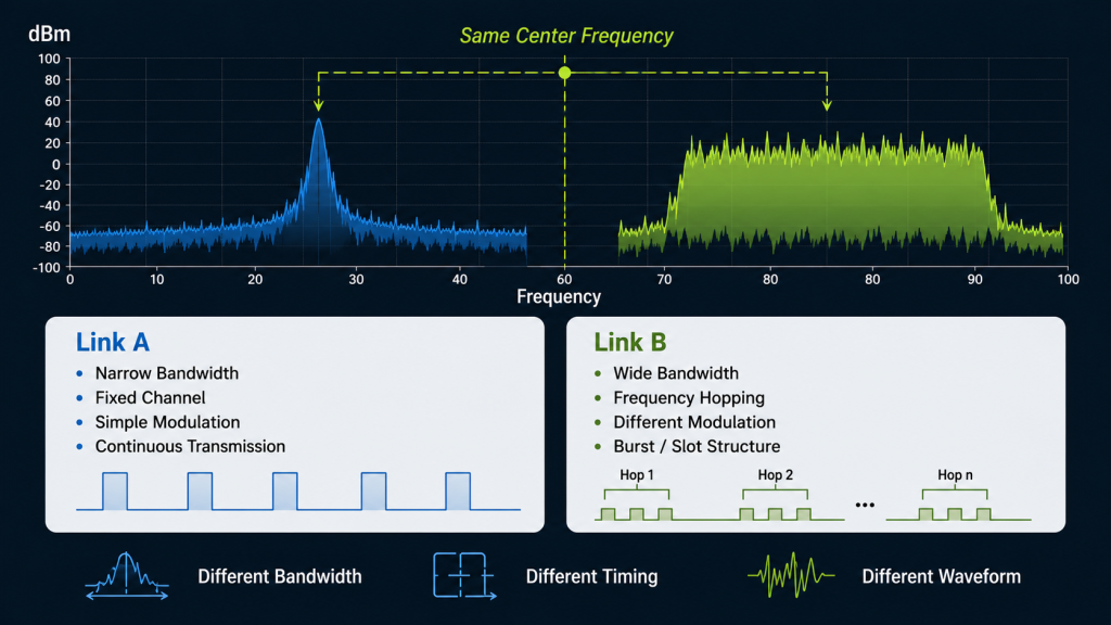 RF spectrum comparison showing different bandwidth, modulation, timing, and waveform characteristics at the same center frequency