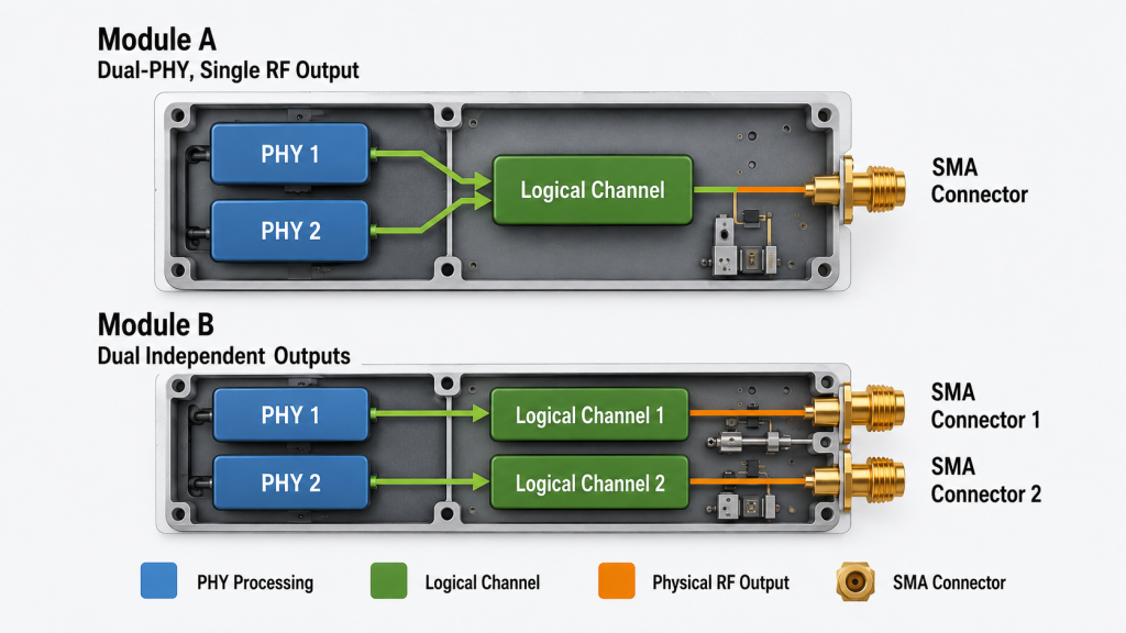 SDR internal PHY processing compared with logical channels and physical RF outputs