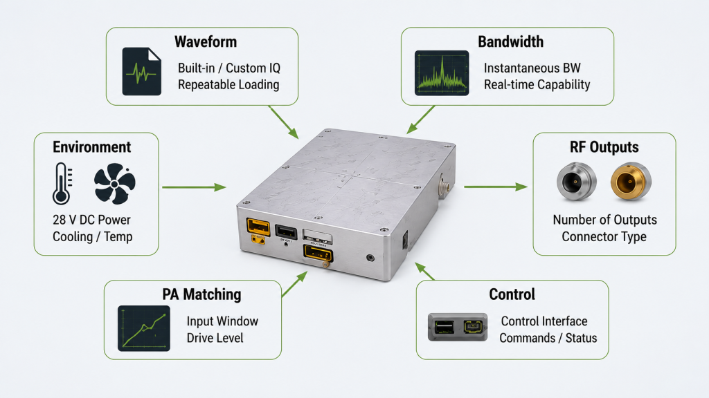 SDR selection checklist covering waveform, bandwidth, RF outputs, PA matching, control interface, and environment requirements