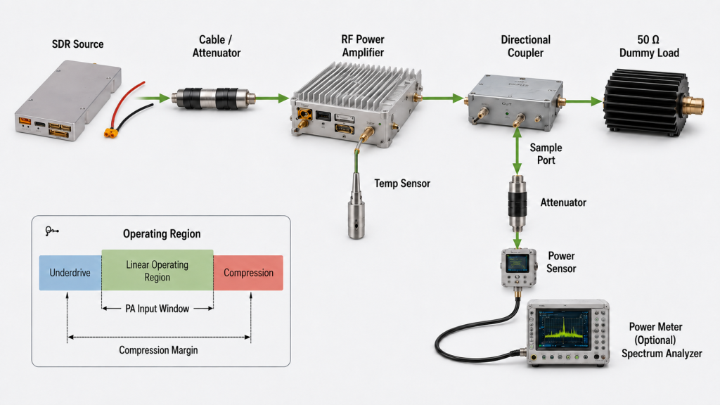 RF test setup showing SDR source, attenuator, RF power amplifier, directional coupler, power sensor, and dummy load